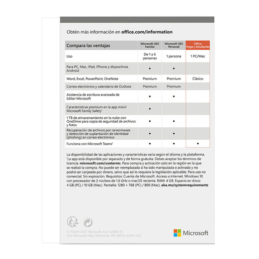 Microsoft Office Hogar y Estudiantes 2021 / 1 usuario / 1 dispositivo / PC / Laptop / Mac